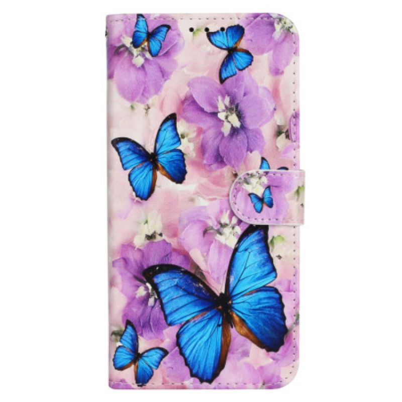 Puzdro iPhone 16 Pro Max Motýle A Fialové Kvety S Remienkom