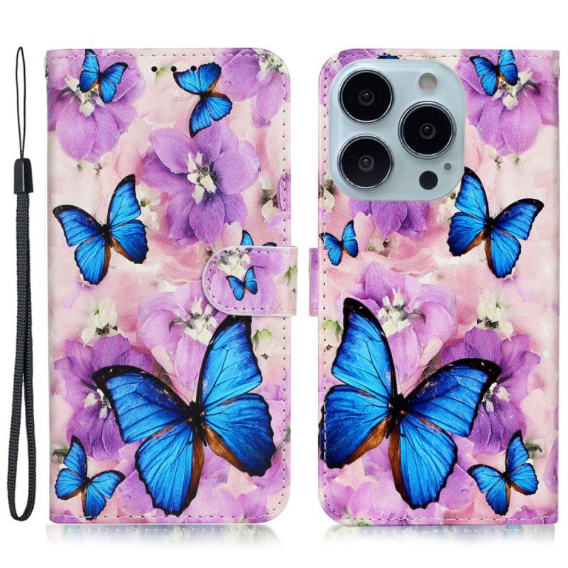 Puzdro iPhone 16 Pro Max Motýle A Fialové Kvety S Remienkom
