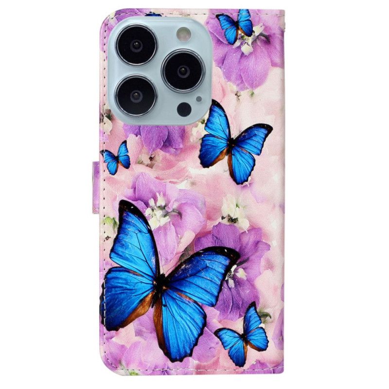 Puzdro iPhone 16 Pro Max Motýle A Fialové Kvety S Remienkom