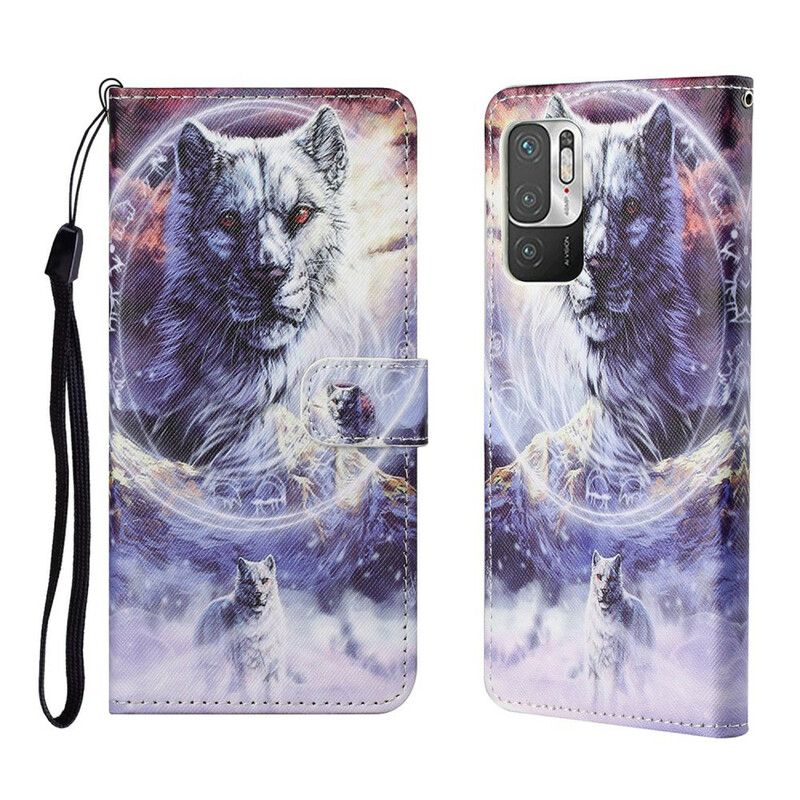 Kožené Puzdro Xiaomi Redmi Note 10 5G Vlk S Lanyardom