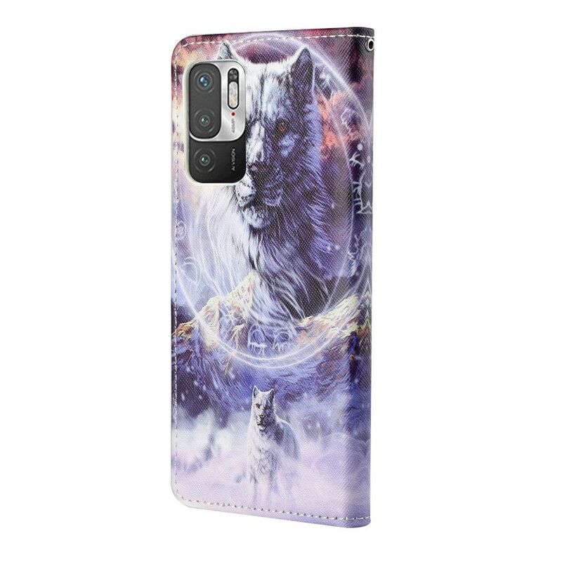 Kožené Puzdro Xiaomi Redmi Note 10 5G Vlk S Lanyardom