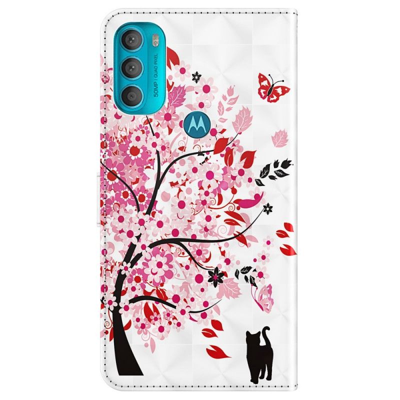 Kožené Puzdro Moto G71 5G Ružový Strom A Čierna Mačka