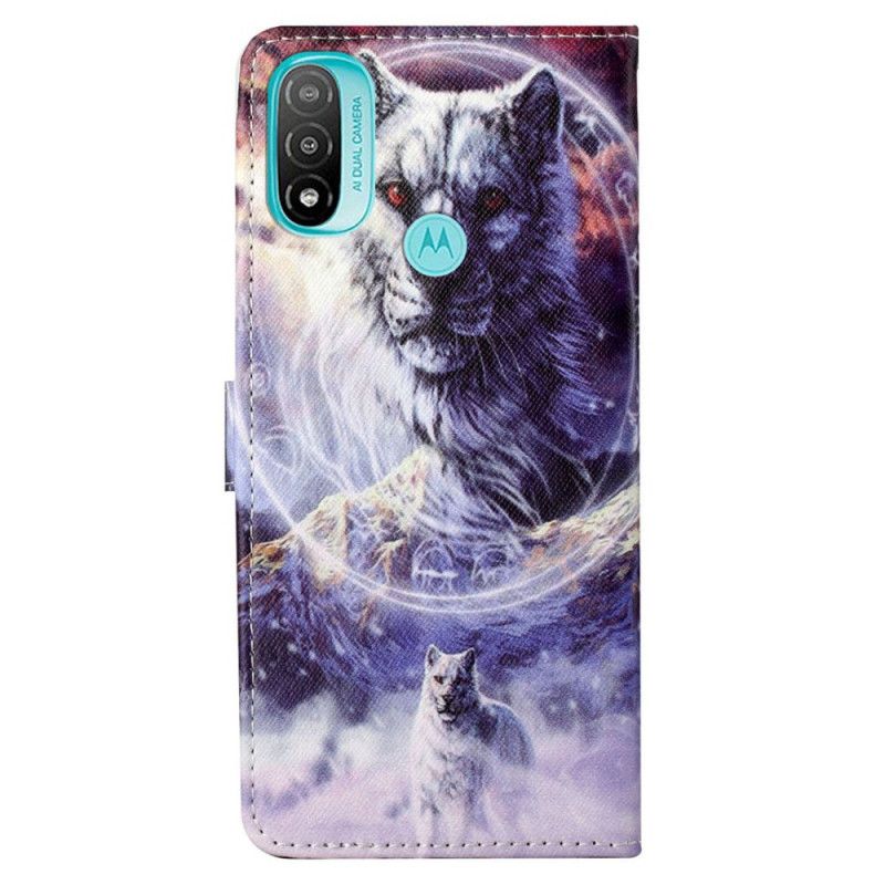 Kožené Puzdro Moto G71 5G Vlk V Zime S Lanyardom