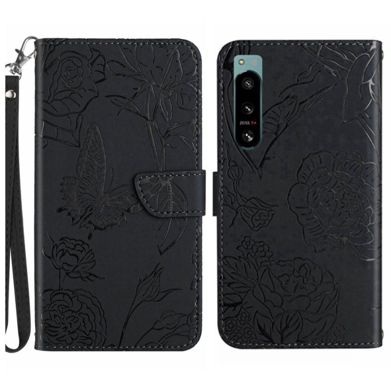 Kožené Puzdro Sony Xperia 5 IV Motýle So Šnúrkou