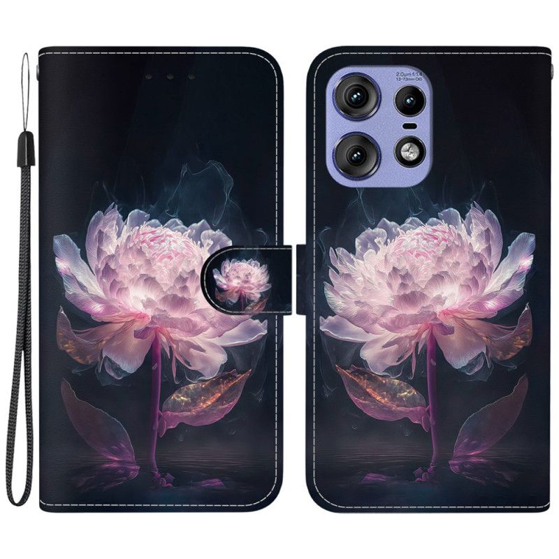 Kožené Puzdro Motorola Edge 50 Pro Kryt Na Mobil Fialová Pivónia S Remienkom