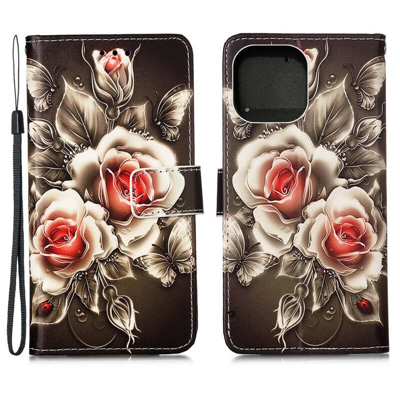 Kožené Puzdro iPhone 13 Mini Zlaté Ruže