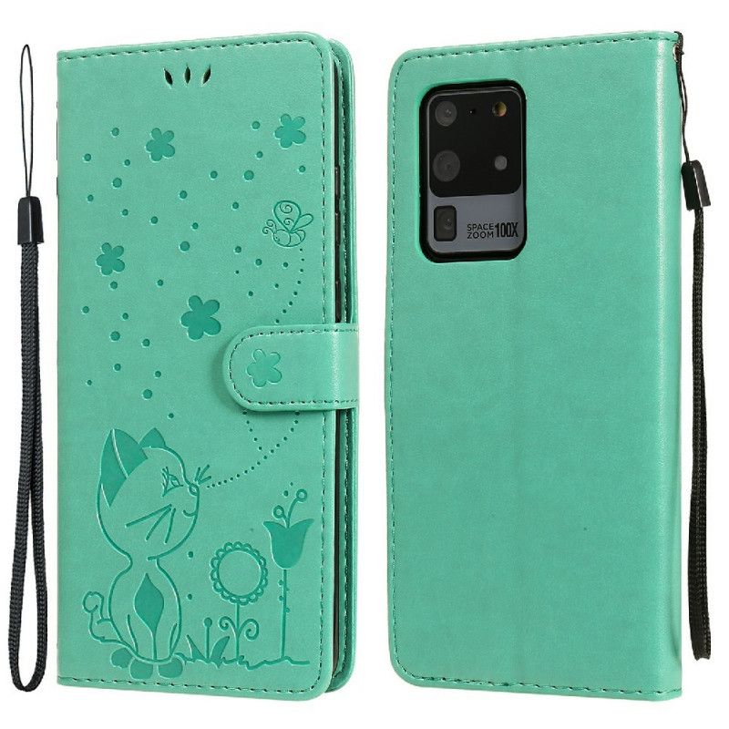 Kožené Puzdro Samsung Galaxy S20 Ultra Mačka A Včielka So Šnúrkou