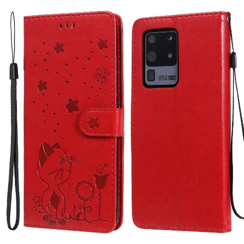 Kožené Puzdro Samsung Galaxy S20 Ultra Mačka A Včielka So Šnúrkou