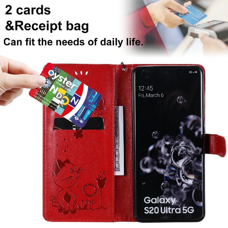 Kožené Puzdro Samsung Galaxy S20 Ultra Mačka A Včielka So Šnúrkou