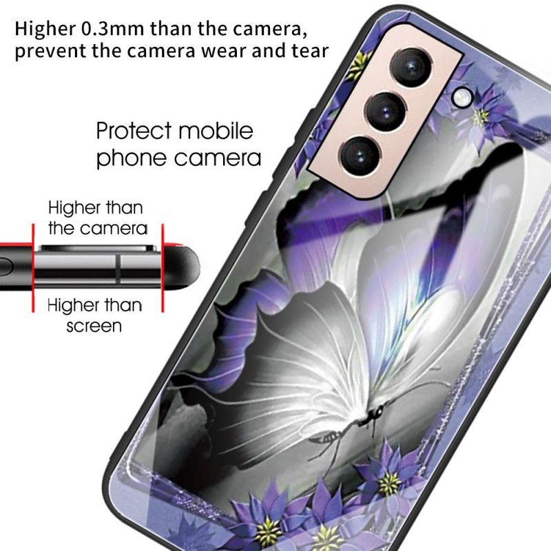 Kryt Samsung Galaxy S22 5G Fialové Motýľové Tvrdené Sklo