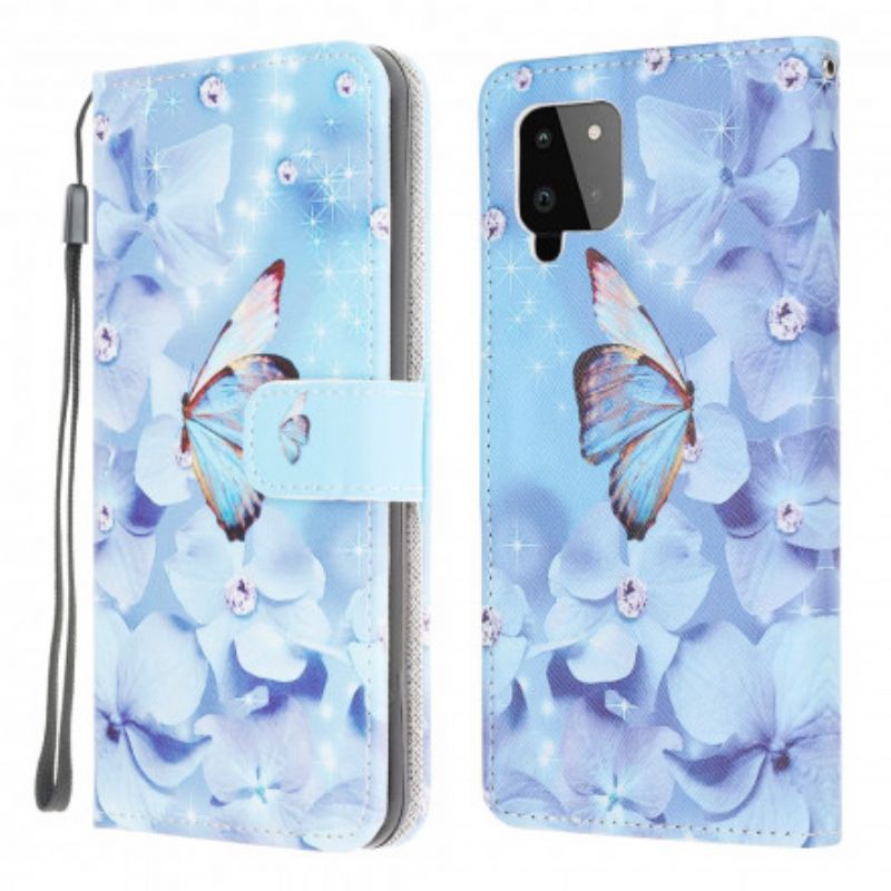 Kožené Puzdro Samsung Galaxy A22 Strappy Diamond Butterflies