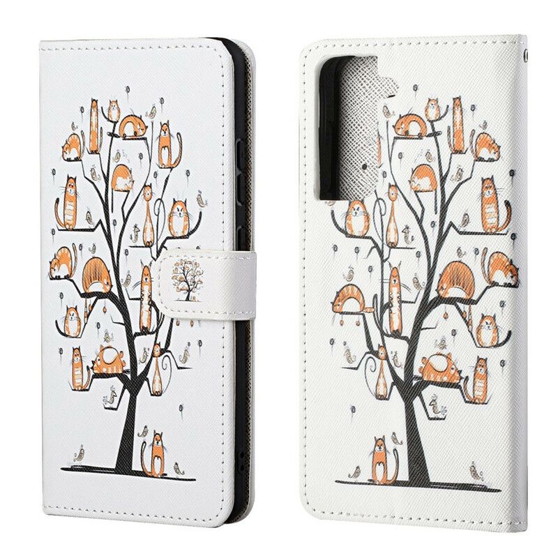 Kožené Puzdro Samsung Galaxy S21 FE Funky Mačky S Popruhom
