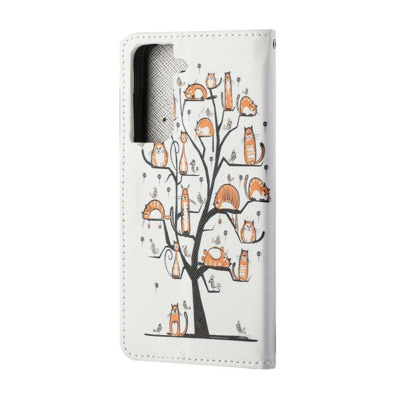 Kožené Puzdro Samsung Galaxy S21 FE Funky Mačky S Popruhom