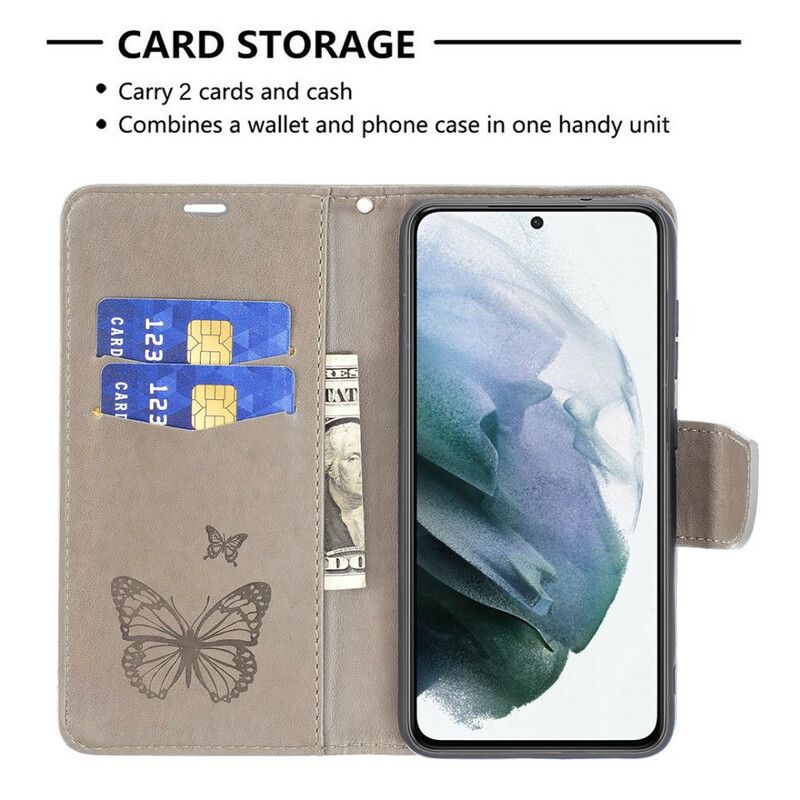Kožené Puzdro Samsung Galaxy S21 FE Motýle V Lete So Šnúrkou