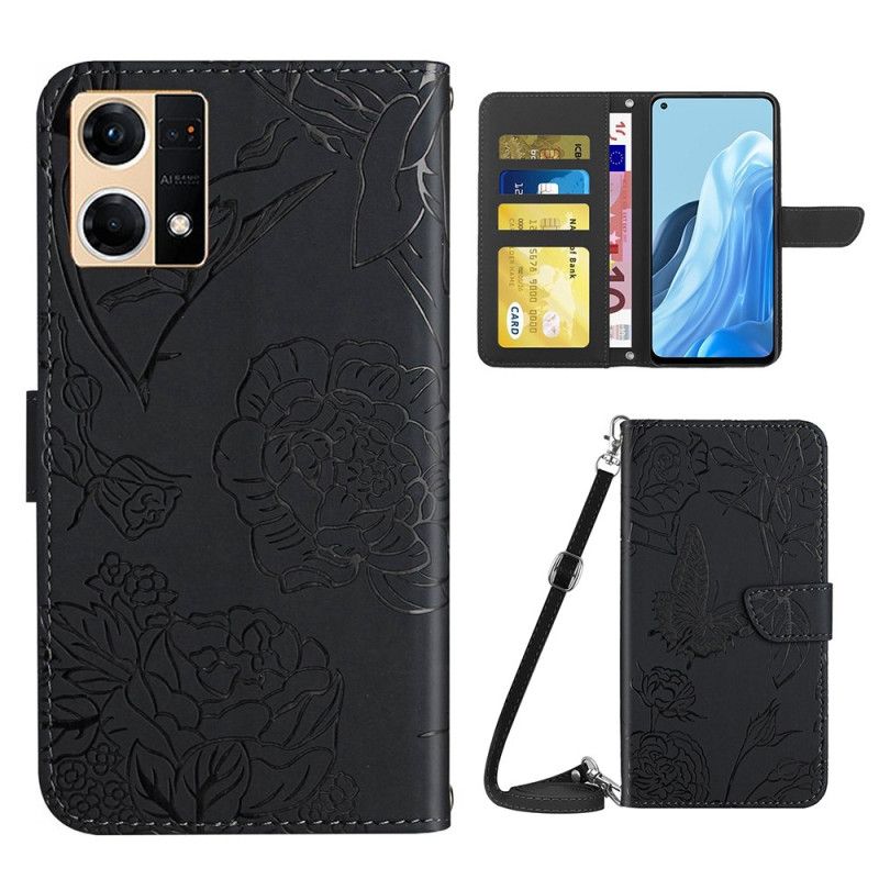 Kožené Puzdro Oppo Reno 7 Motýle A Ramenný Popruh