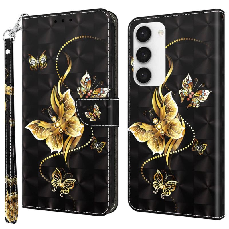 Kožené Puzdro Samsung Galaxy S23 5G Zlatý Remienok S Motýľmi