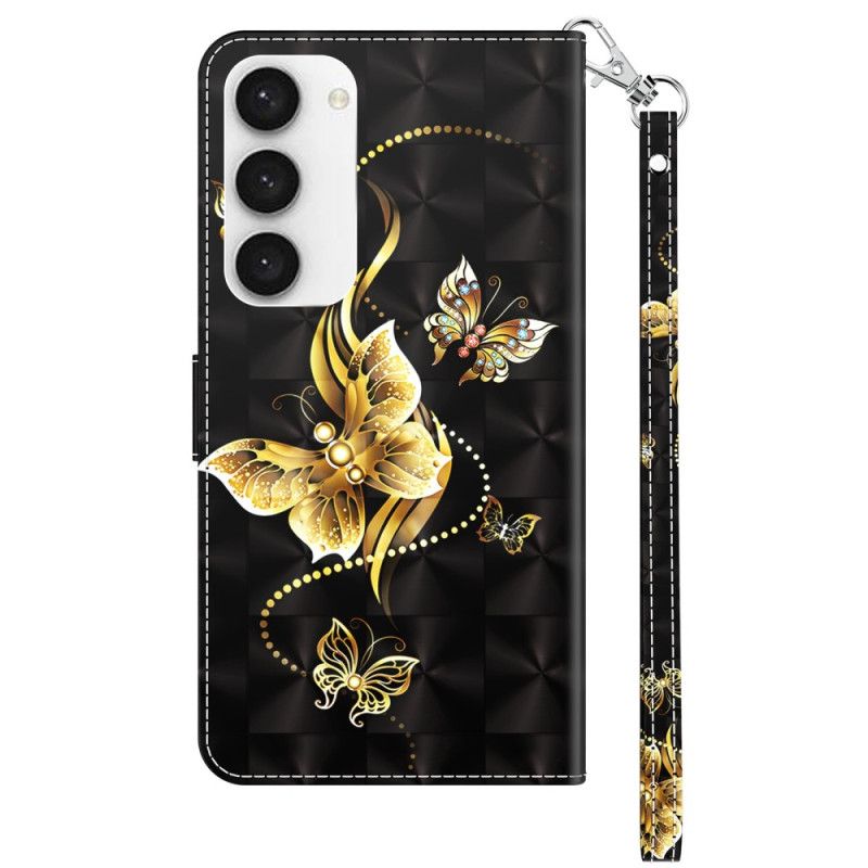 Kožené Puzdro Samsung Galaxy S23 5G Zlatý Remienok S Motýľmi