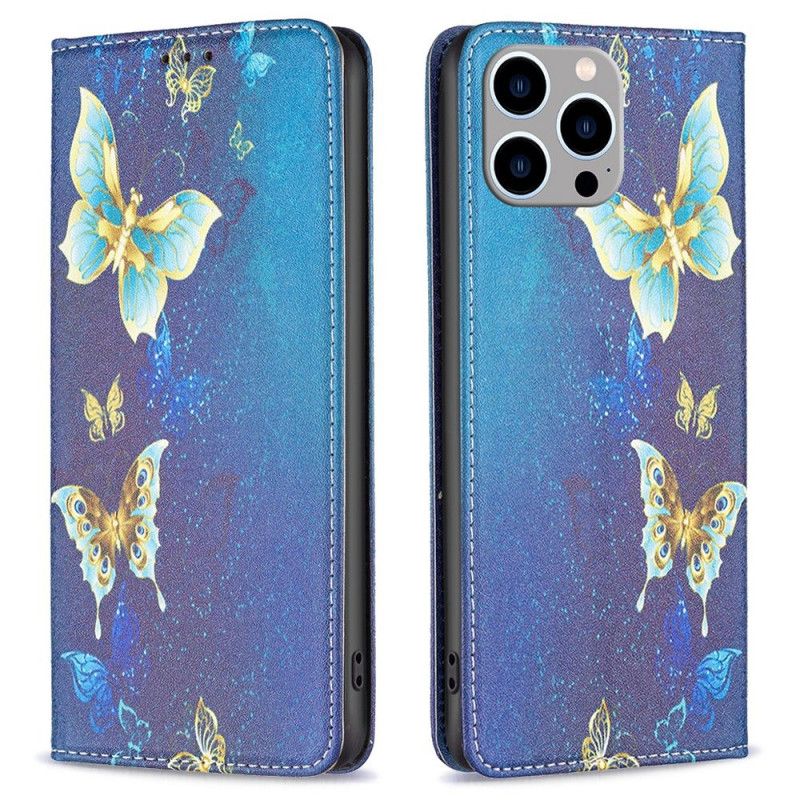 Flipové Puzdro iPhone 14 Pro Max Kožené Puzdro Motýle