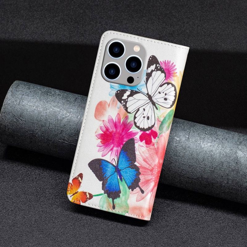 Flipové Puzdro iPhone 14 Pro Max Kožené Puzdro Motýle