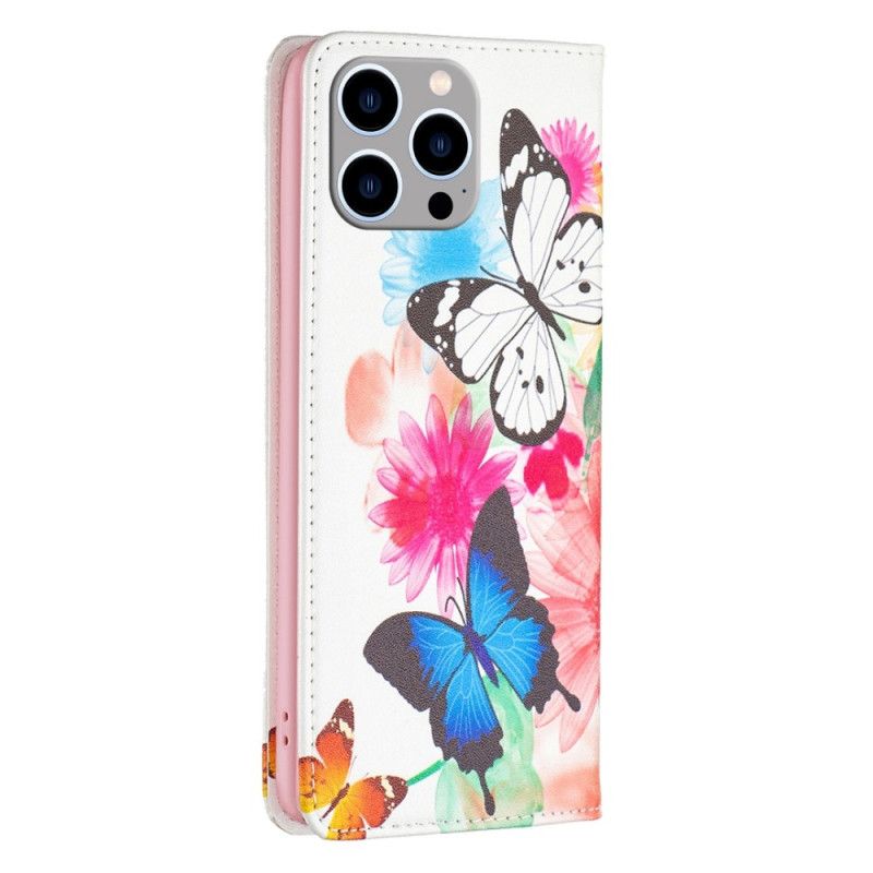 Flipové Puzdro iPhone 14 Pro Max Kožené Puzdro Motýle