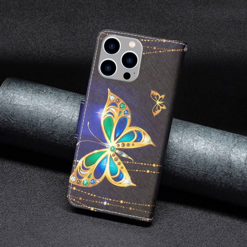 Flipové Puzdro iPhone 14 Pro Max Zlatý Motýľ