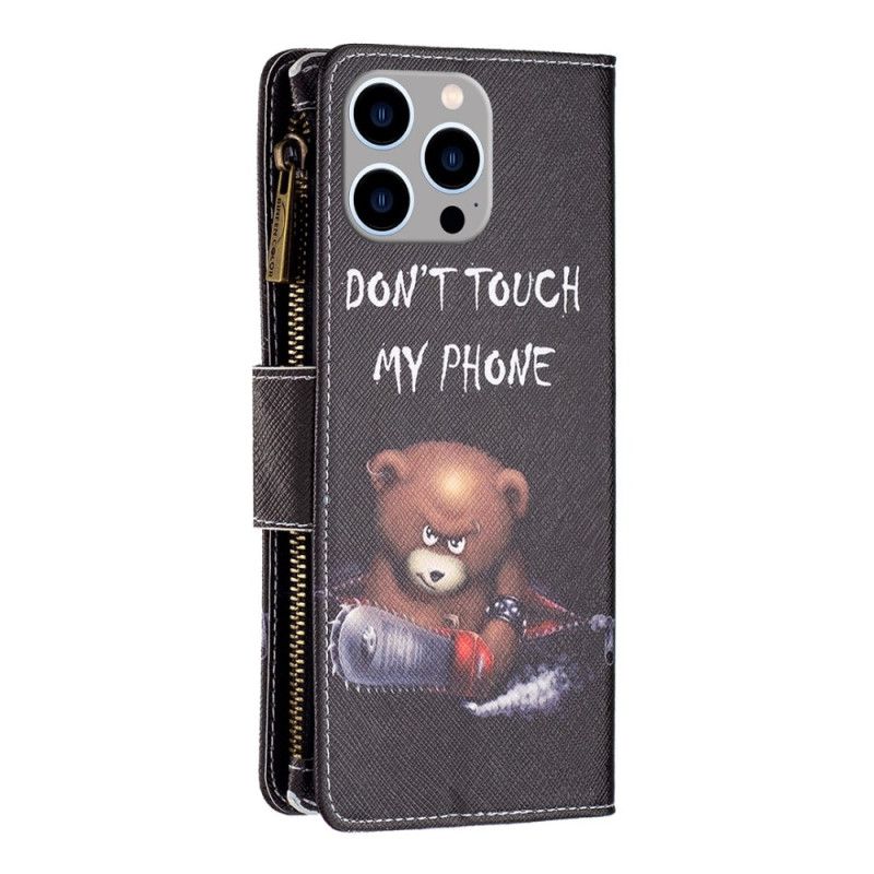 Kožené Puzdro iPhone 14 Pro Max Nebezpečný Medveď Na Zips