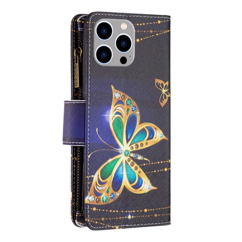 Peňaženkový Kryt iPhone 14 Pro Max Vrecko Na Zips Na Motýle