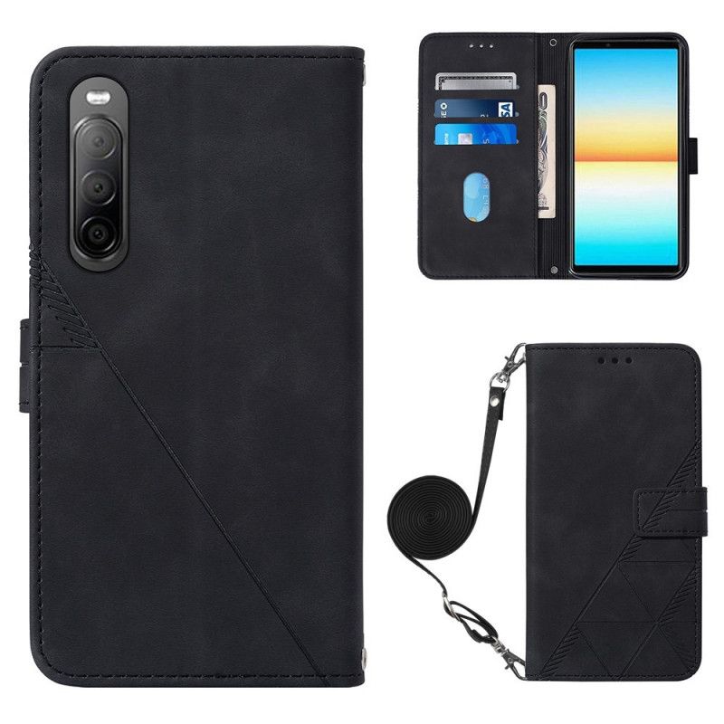 Kožené Puzdro Sony Xperia 10 IV Trojuholníkový Vzor S Ramenným Popruhom