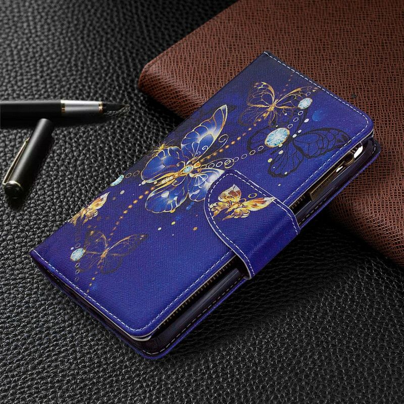 Kožené Puzdro Realme C11 Vreckové Zlaté Motýle Na Zips