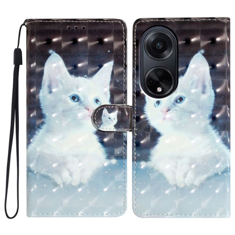 Kožené Puzdro Oppo A98 5g 3d Biela Mačka S Popruhom