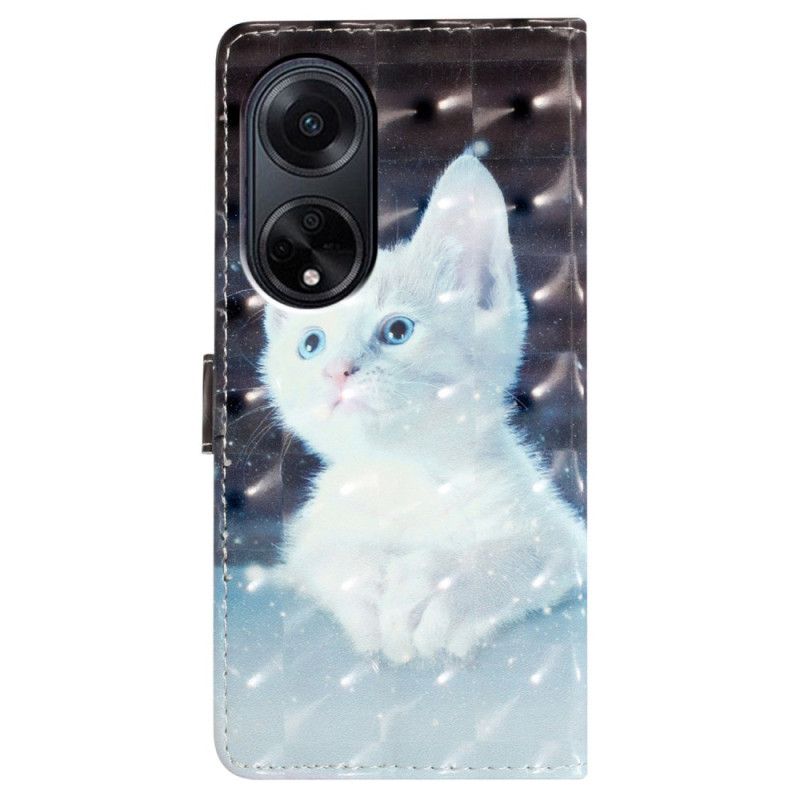 Kožené Puzdro Oppo A98 5g 3d Biela Mačka S Popruhom