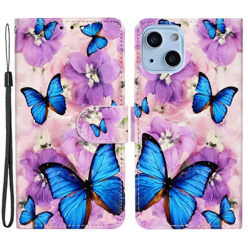 Kožené Puzdro iPhone 15 Malé Modré Motýle S Remienkom