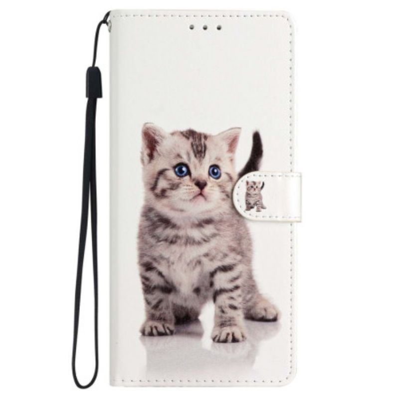 Kožené Puzdro iPhone 15 Roztomilá Mačka S Popruhom