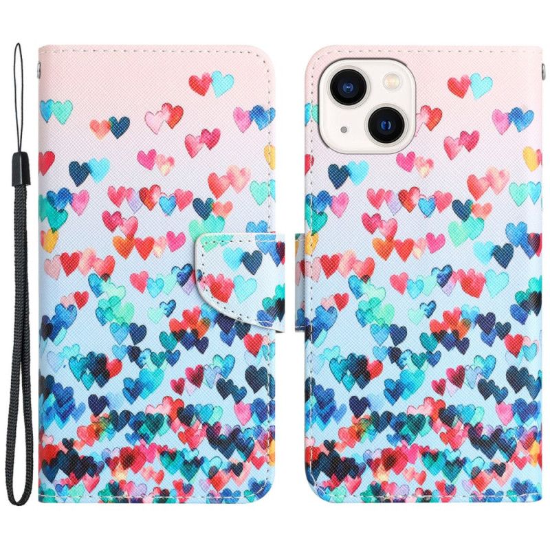Kožené Puzdro iPhone 15 Srdcový Dážď S Popruhom