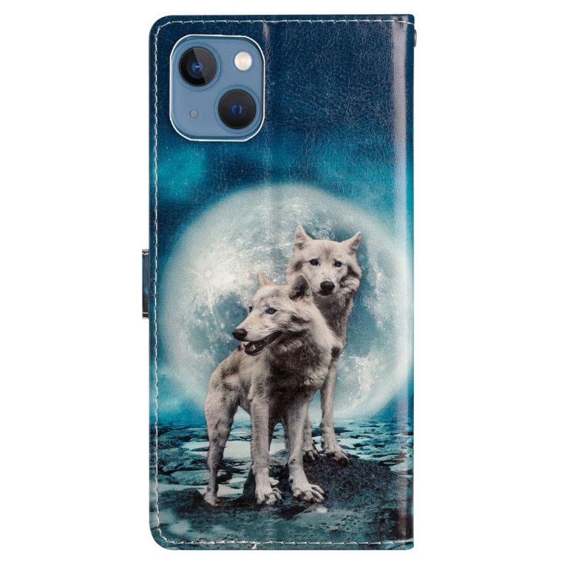 Kožené Puzdro iPhone 15 Vlci Pod Mesačnou Šnúrkou