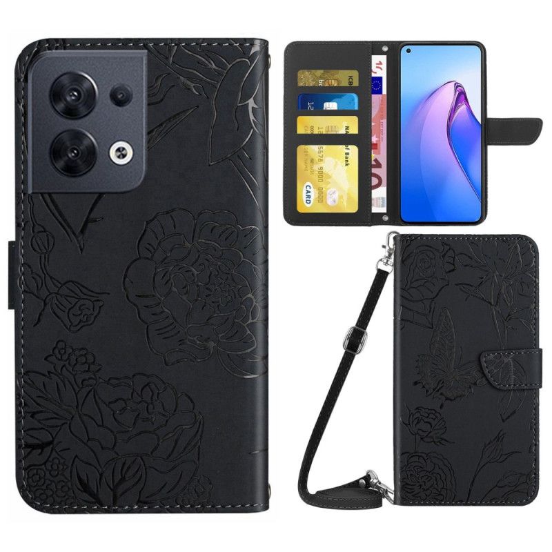 Kožené Puzdro Oppo Reno 8 Motýle A Ramenný Popruh