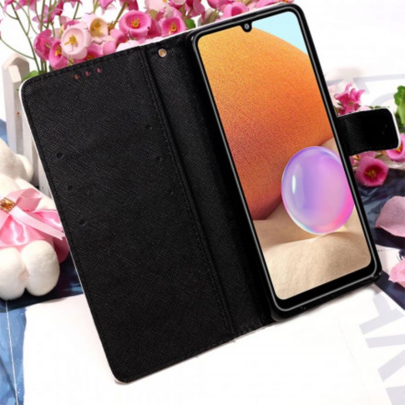 Kožené Puzdro Samsung Galaxy A32 Kvetinová Lebka