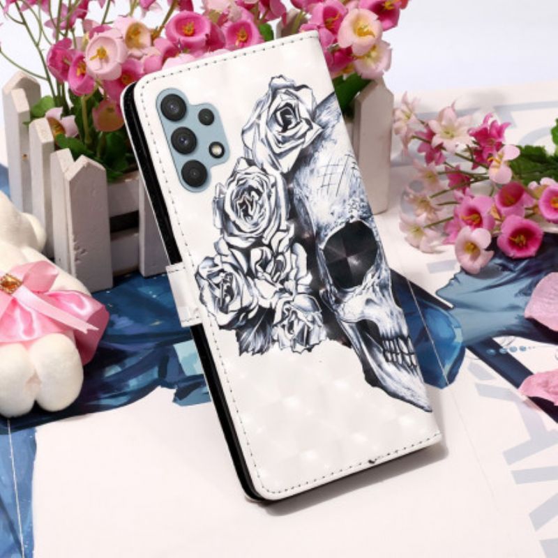 Kožené Puzdro Samsung Galaxy A32 Kvetinová Lebka