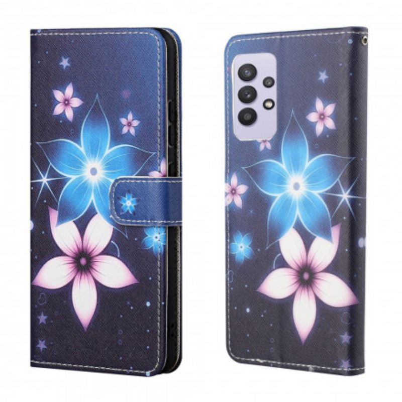 Kožené Puzdro Samsung Galaxy A32 Kvety Lunárneho Popruhu
