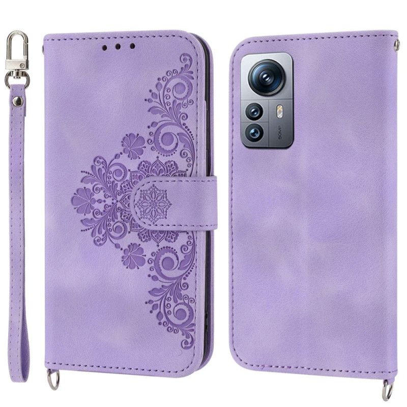Kožené Puzdro Xiaomi 12 Lite Kvetinový Popruh A Popruh Cez Rameno