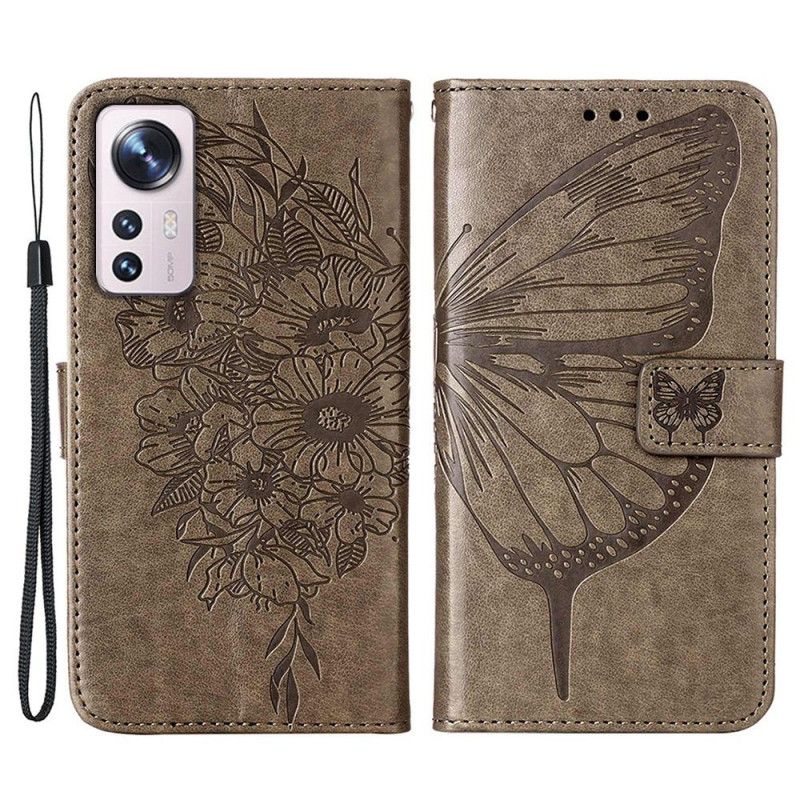 Peňaženkový Kryt Xiaomi 12 Lite Dizajn Motýľa So Šnúrkou