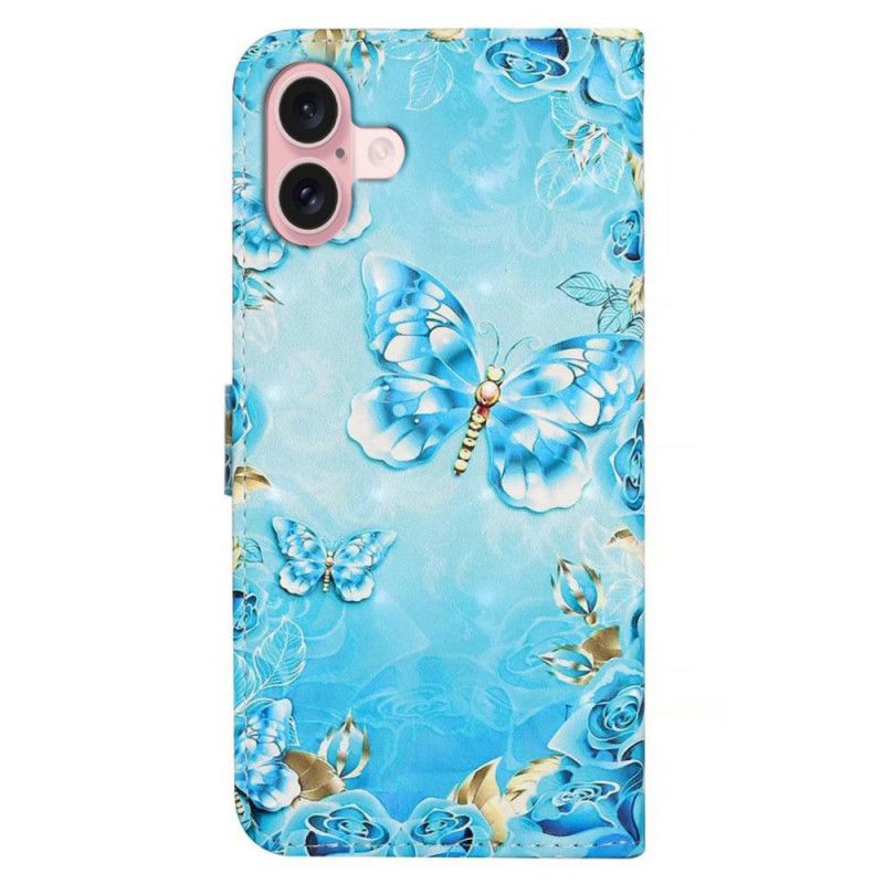 Kožené Puzdro iPhone 16 Kryt Na Mobil Svetlomodré Motýle