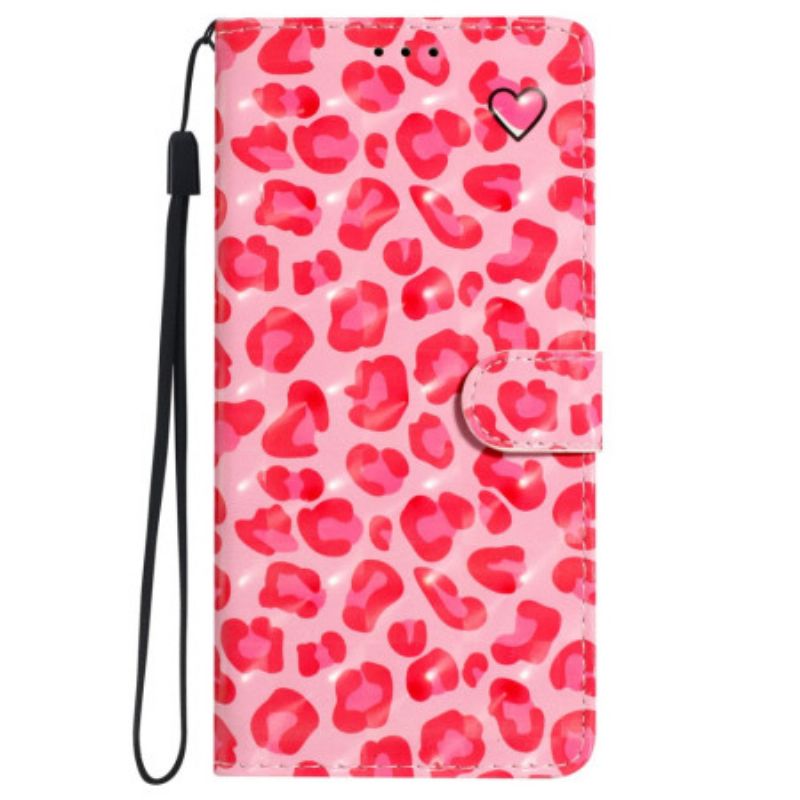 Kožené Puzdro iPhone 16 Ružová Leopardia Potlač S Remienkom