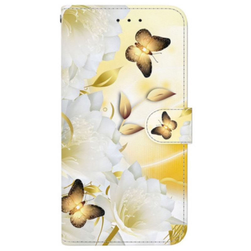 Kožené Puzdro iPhone 16 Zlaté Motýle A Biele Kvety S Remienkom