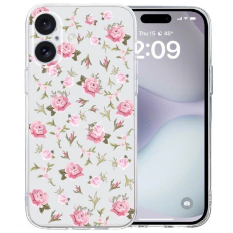 Kryt iPhone 16 Priehľadné Ružové Kvety Na Okraji