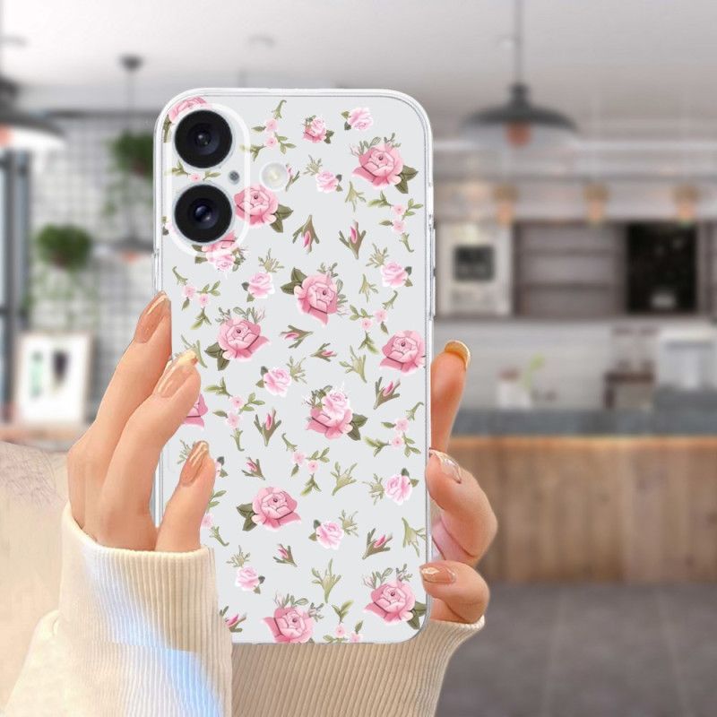 Kryt iPhone 16 Priehľadné Ružové Kvety Na Okraji
