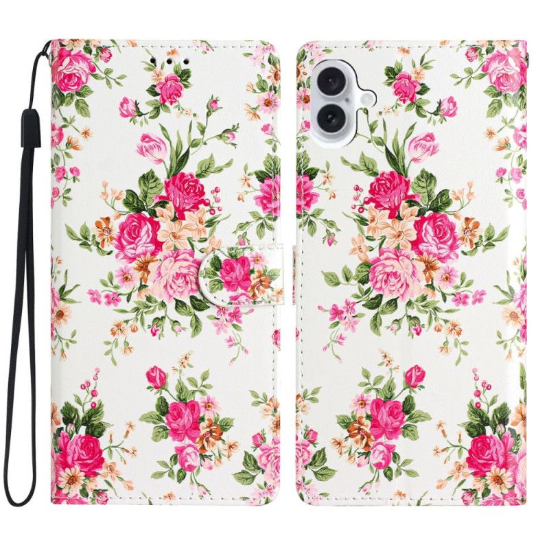 Puzdro iPhone 16 Červené Kvety S Remienkom