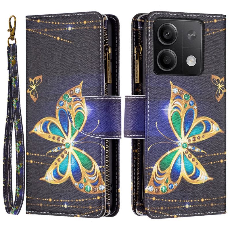 Kožené Puzdro Xiaomi Redmi Note 13 5g Kryt Na Mobil Štrasová Motýľová Peňaženka S Remienkom