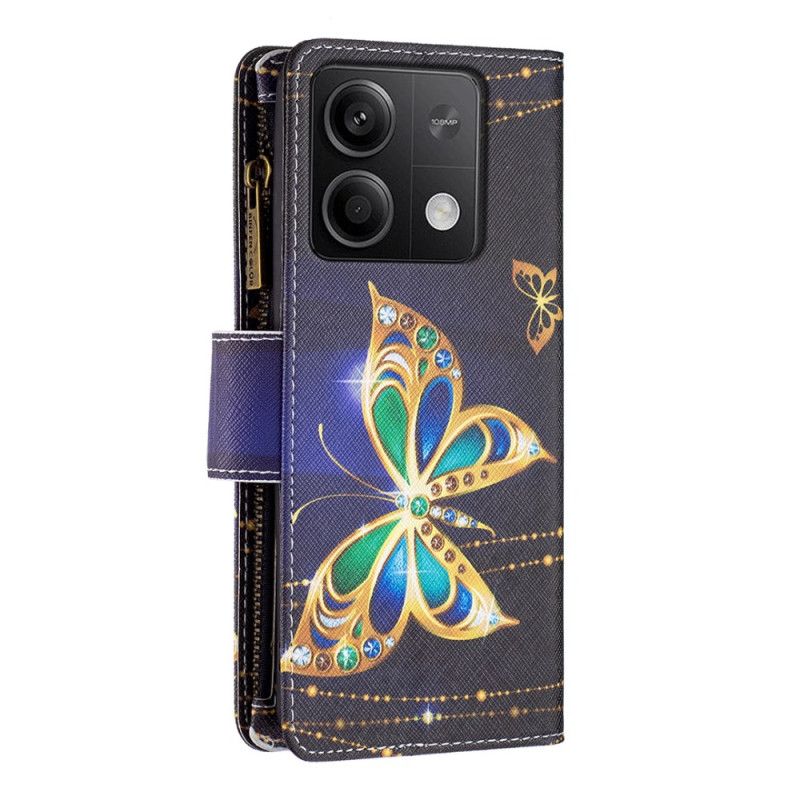 Kožené Puzdro Xiaomi Redmi Note 13 5g Kryt Na Mobil Štrasová Motýľová Peňaženka S Remienkom