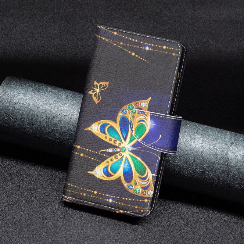 Kožené Puzdro Xiaomi Redmi Note 13 5g Kryt Na Mobil Štrasová Motýľová Peňaženka S Remienkom